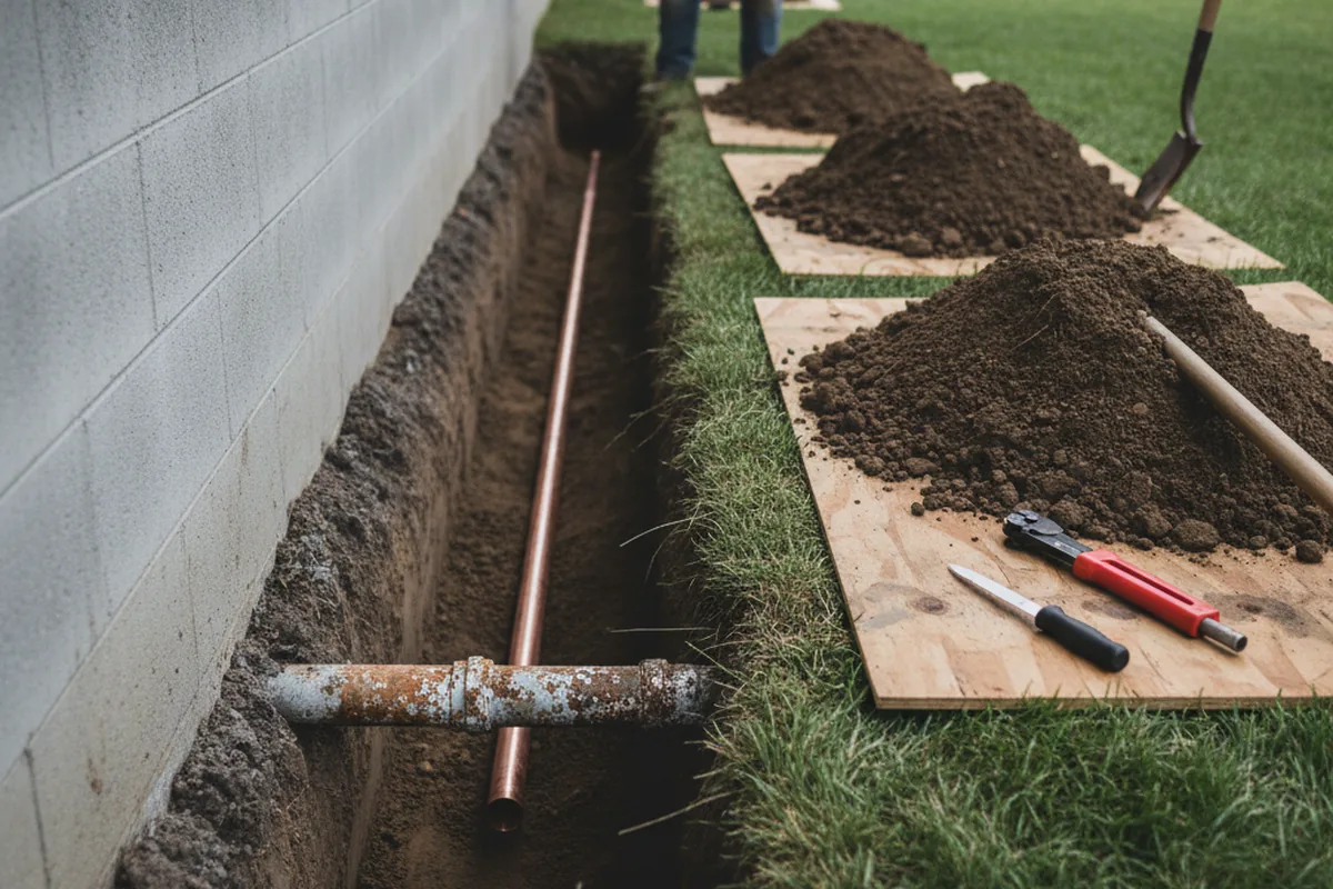 Excavated water line trench during Sewer Line Repair in Huntington